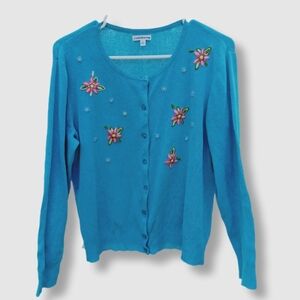 Croft & Barrow Robin's Egg Blue Cardigan Sweater Embroidery Size L Cotton Blend